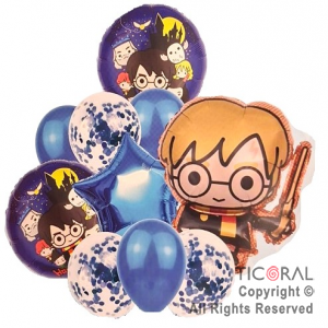 SET DE GLOBOS METALIZADOS HARRY POTTER Y LATEX CON CONFETI x 10 UNIDADES